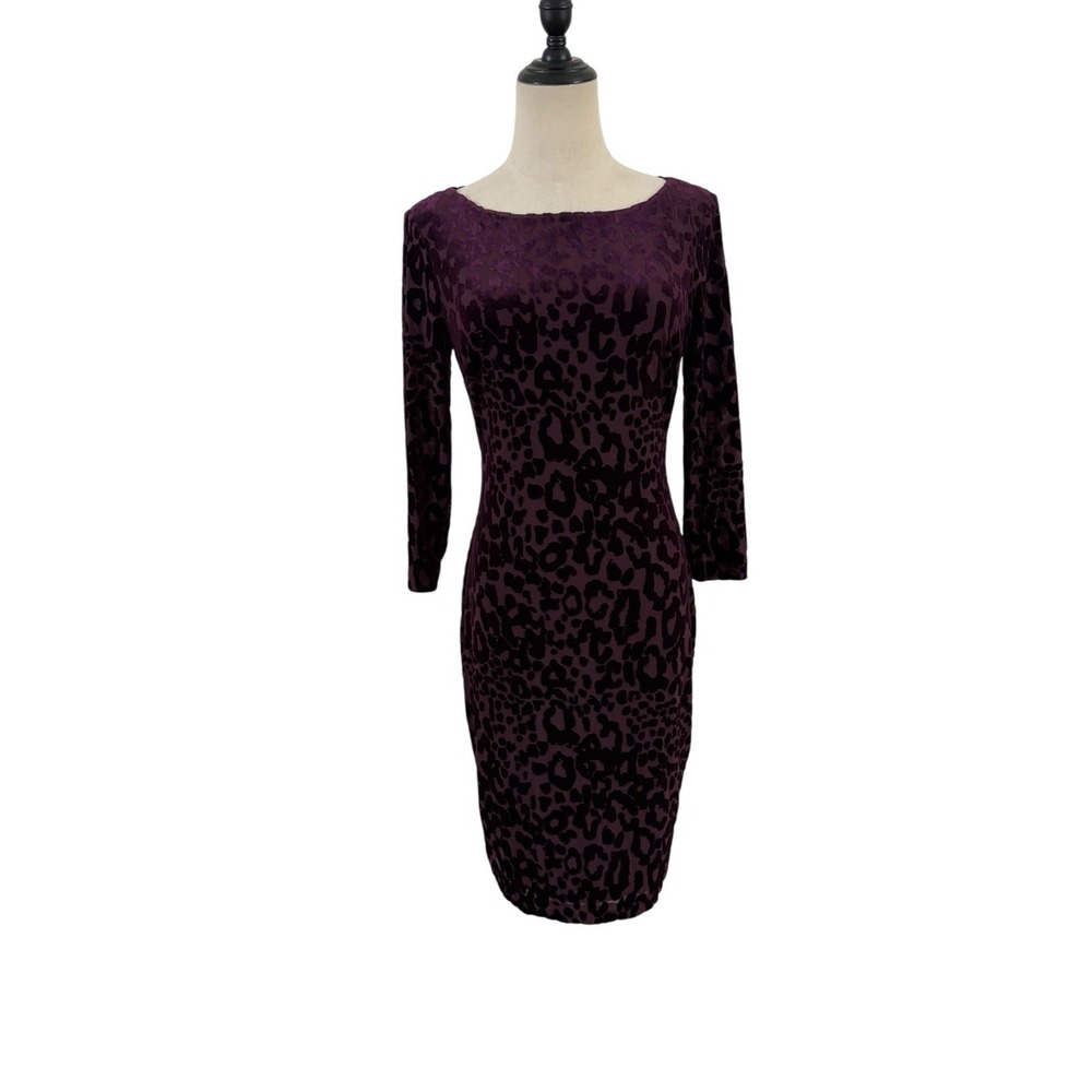 Vtg Y2K Cache Dress Womens 6 Purple Burnout Velvet Leopard Print Sheath Cocktail